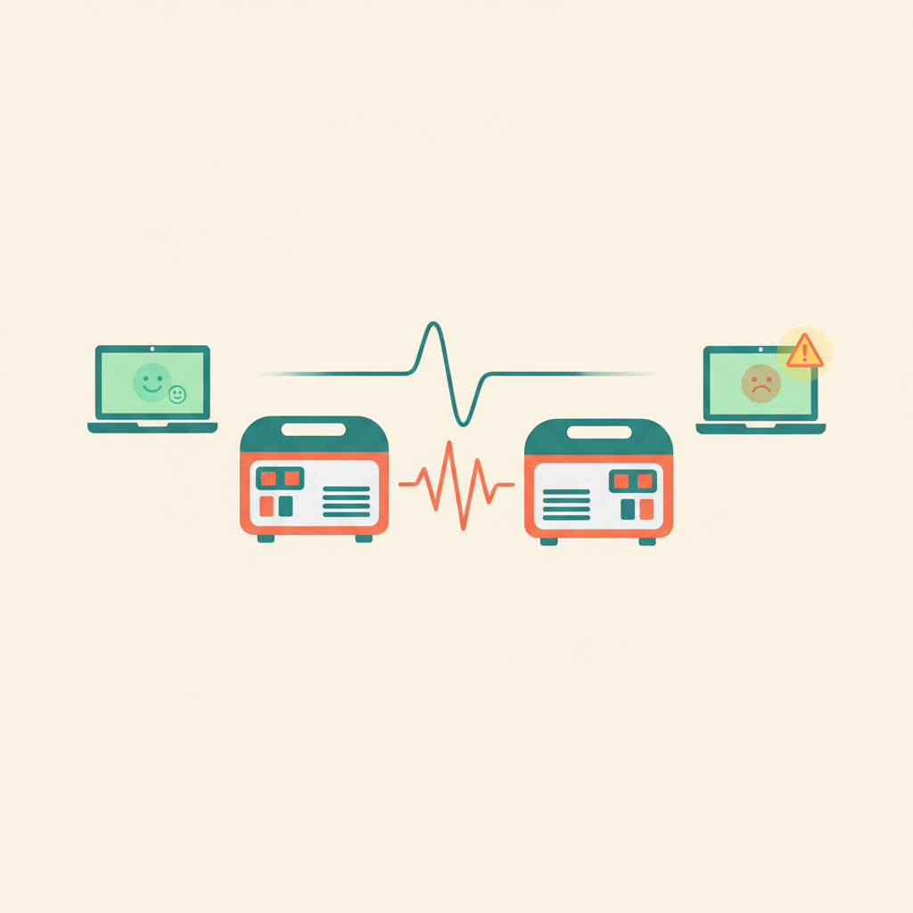 A generator producing clean power keeping a laptop happy, versus a generator producing distorted power causing a laptop to show a warning
