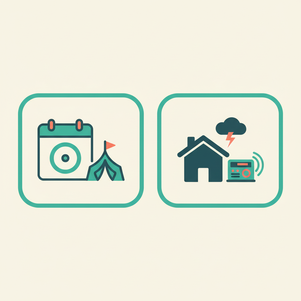 A calendar with a single circled event next to a tent icon representing a one-off predictable need, next to a house with a storm cloud and a generator representing emergency preparedness