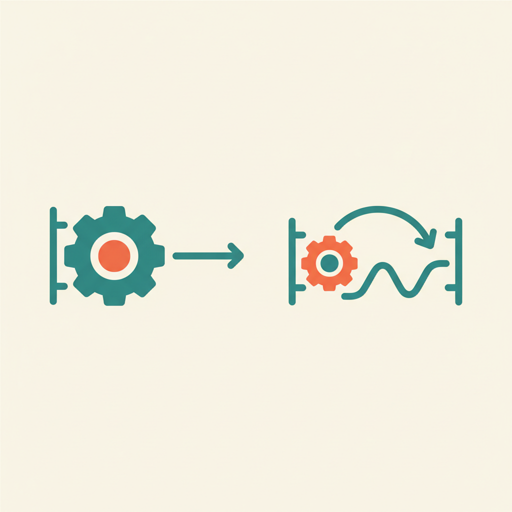 A gear spinning at a constant fixed speed next to a steady line, compared to a smaller gear with a variable speed arrow next to a wave that changes height