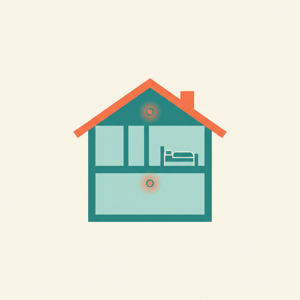 Cross-section of a two-story house showing a carbon monoxide alarm installed on each floor, including near the bedroom