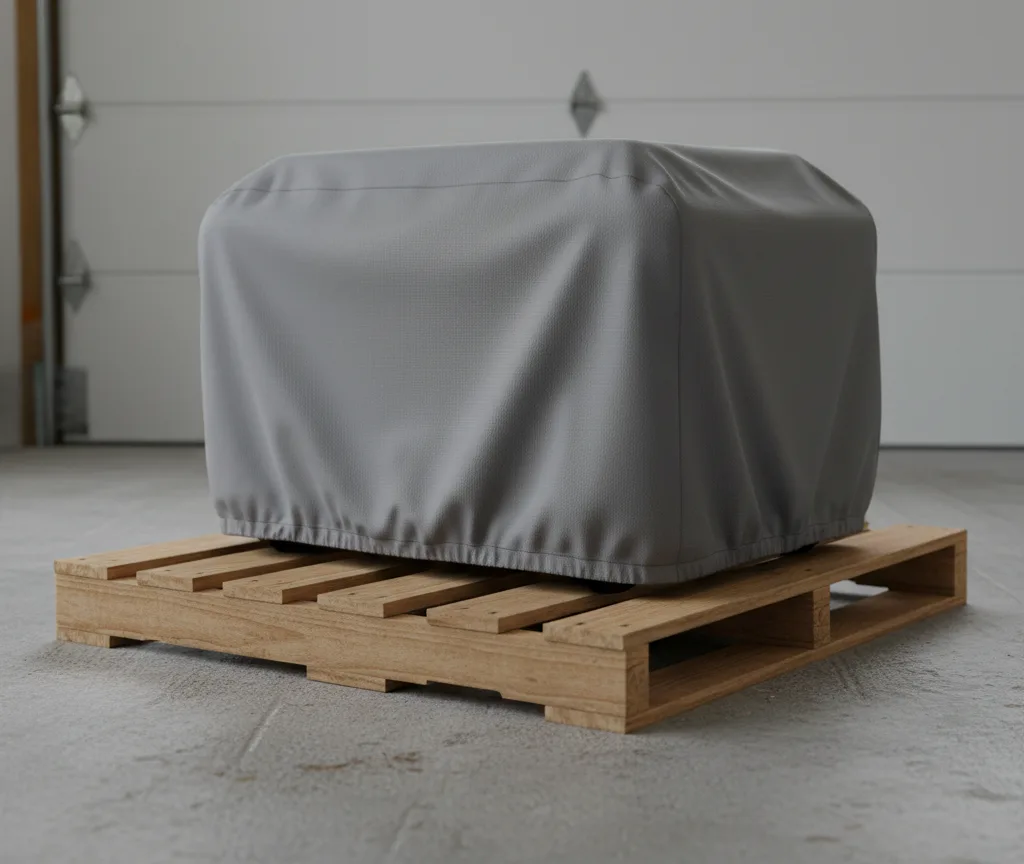 Portable generator under a fitted breathable storage cover on a wooden pallet in a garage