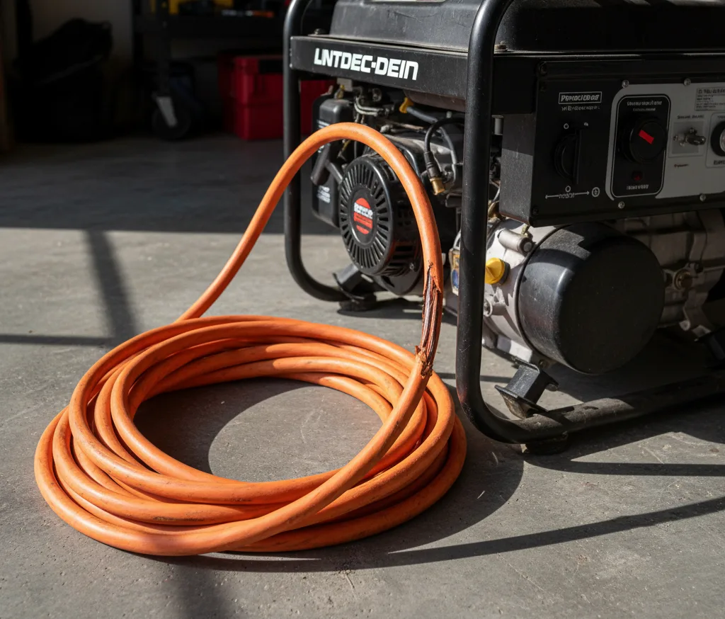 Heavy duty orange extension cord coiled near a portable generator, showing jacket wear