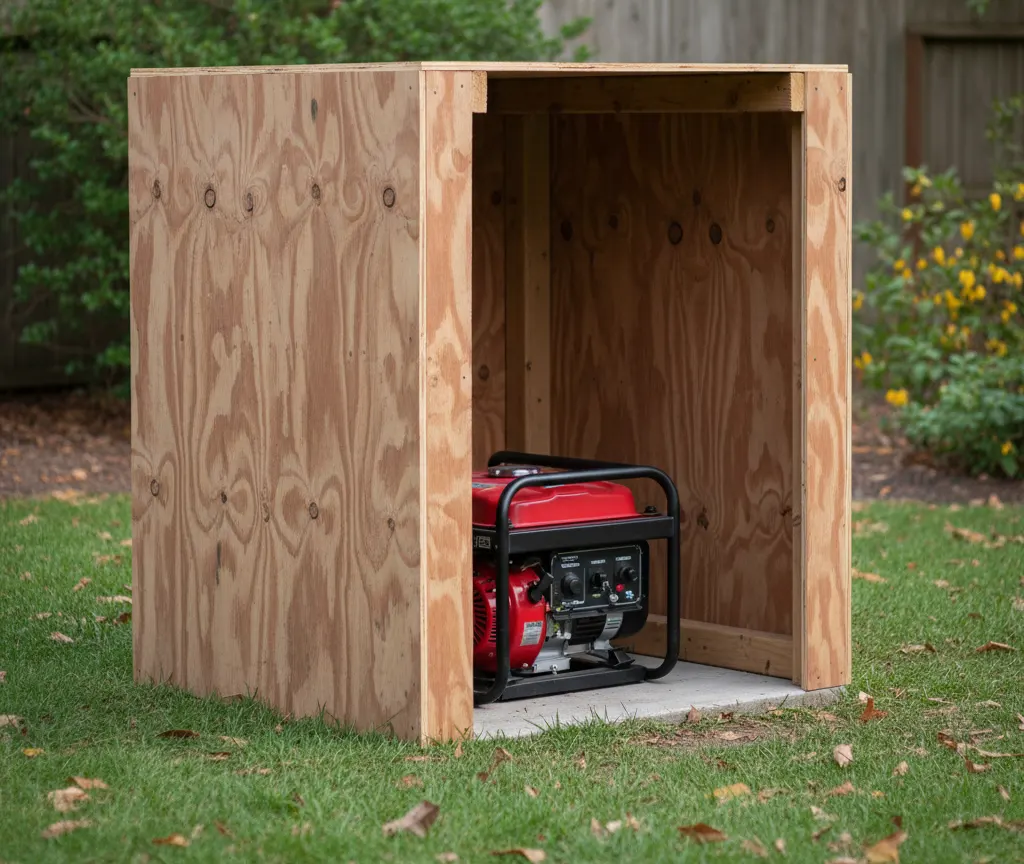 Three-sided plywood sound baffle box open on two sides around a portable generator for ventilation