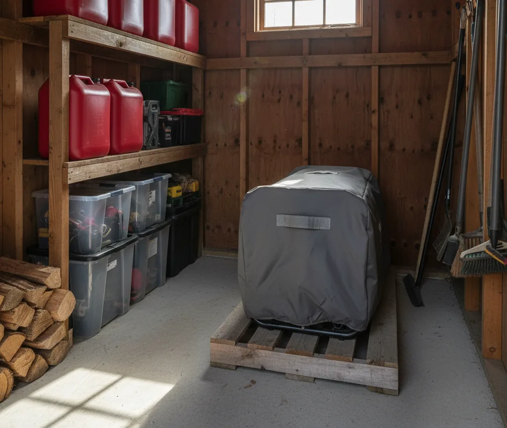 Approved red gas cans stored on a shelf in a ventilated shed, away from the generator and any ignition source