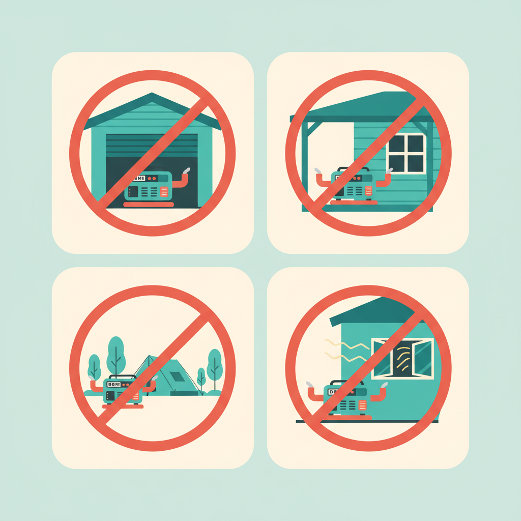 Four prohibited generator placements: inside a garage, under a porch or carport, inside a tent, and next to a house window