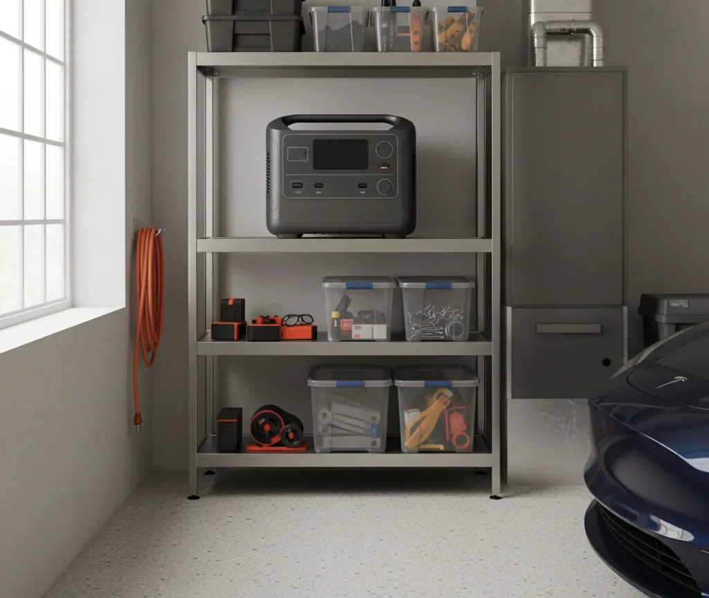 Portable power station stored on a shelf in a garage, away from direct sunlight and a heat source
