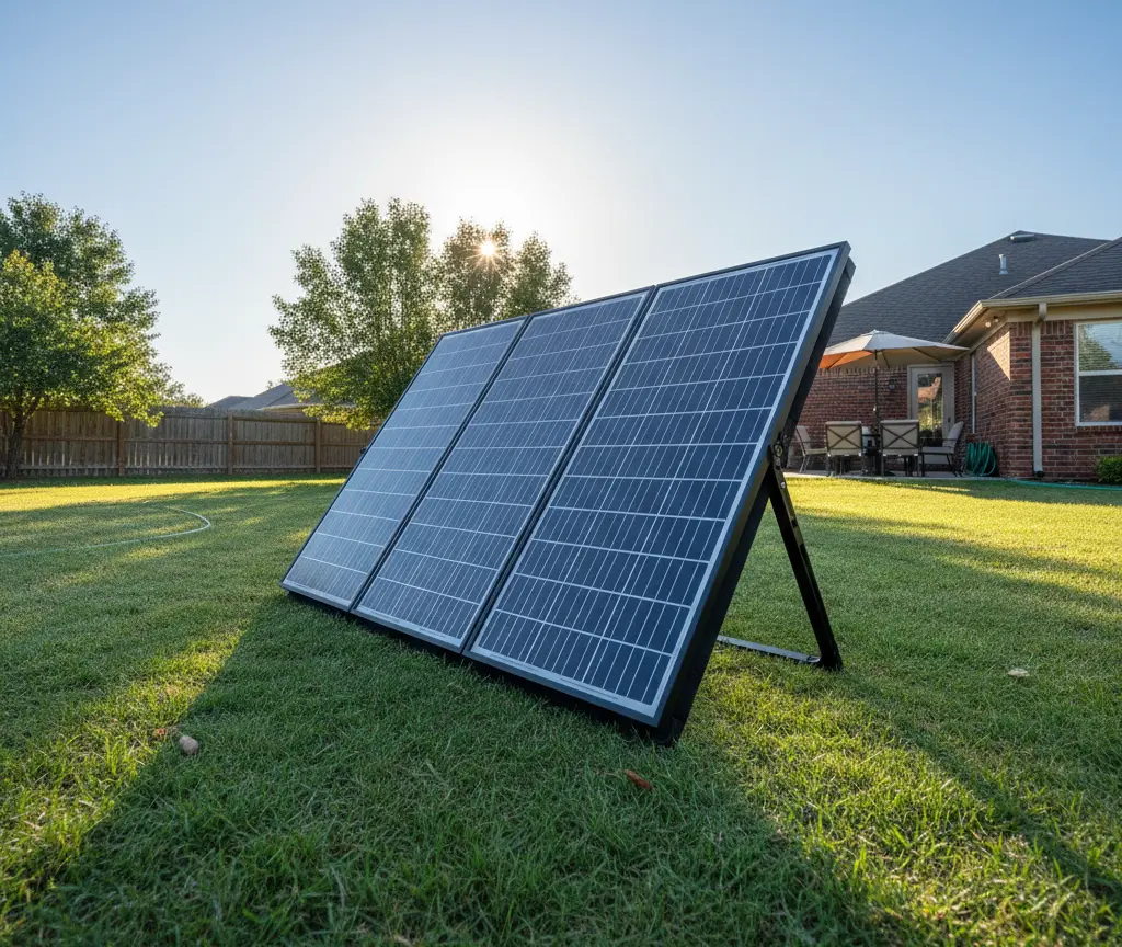 Portable solar panel propped up at an angle on its kickstand facing the sun in an open yard